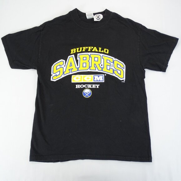 VINTAGE CCM Authentic BUFFALO SABRES Black Curve T-Shirt Size M - Picture 1 of 7